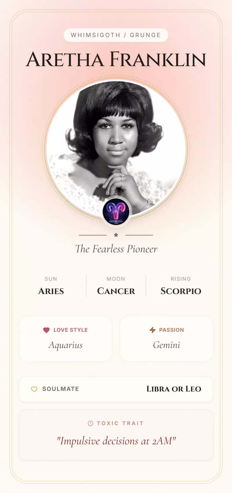 Aretha Franklin Astrology Star Card