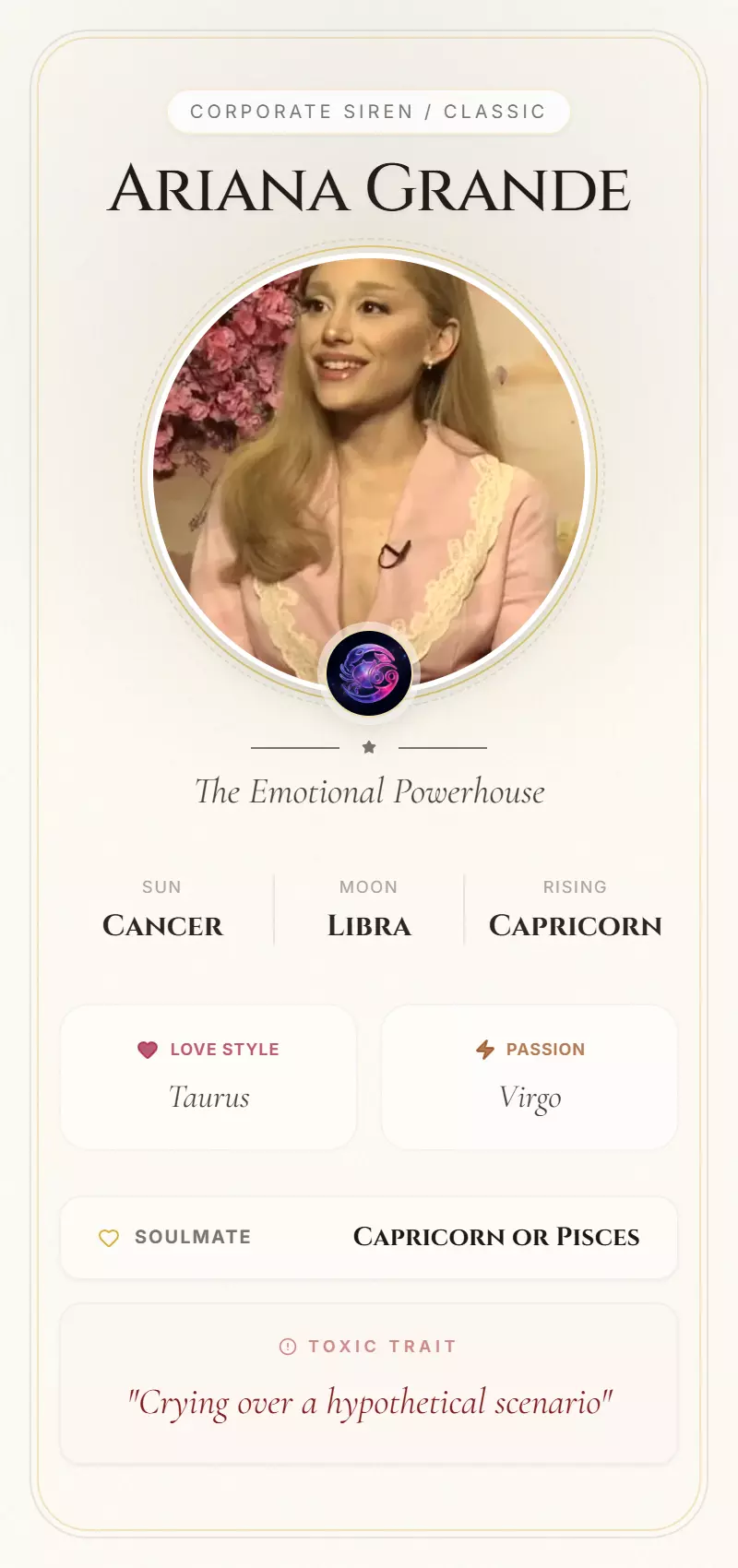 Ariana Grande Astrology Star Card
