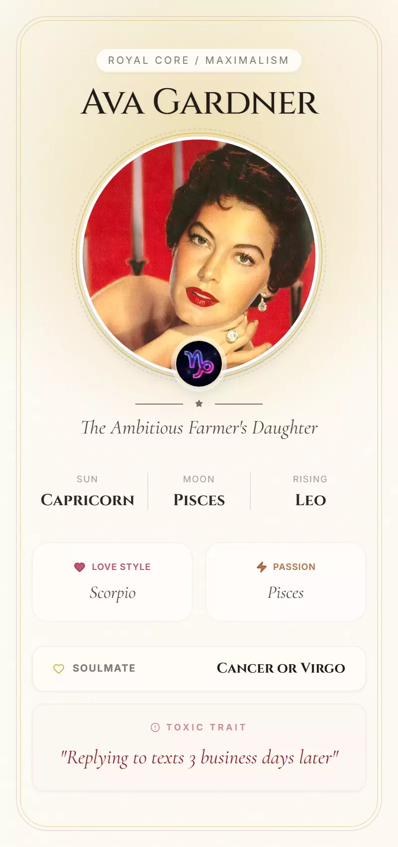 Ava Gardner Astrology Star Card