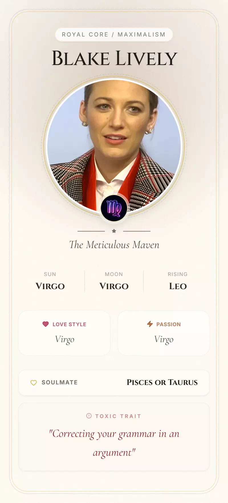 Blake Lively Astrology Star Card