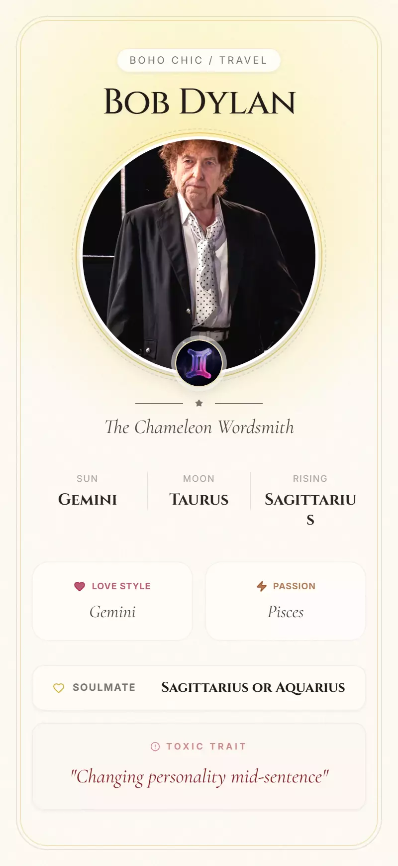 Bob Dylan Astrology Star Card