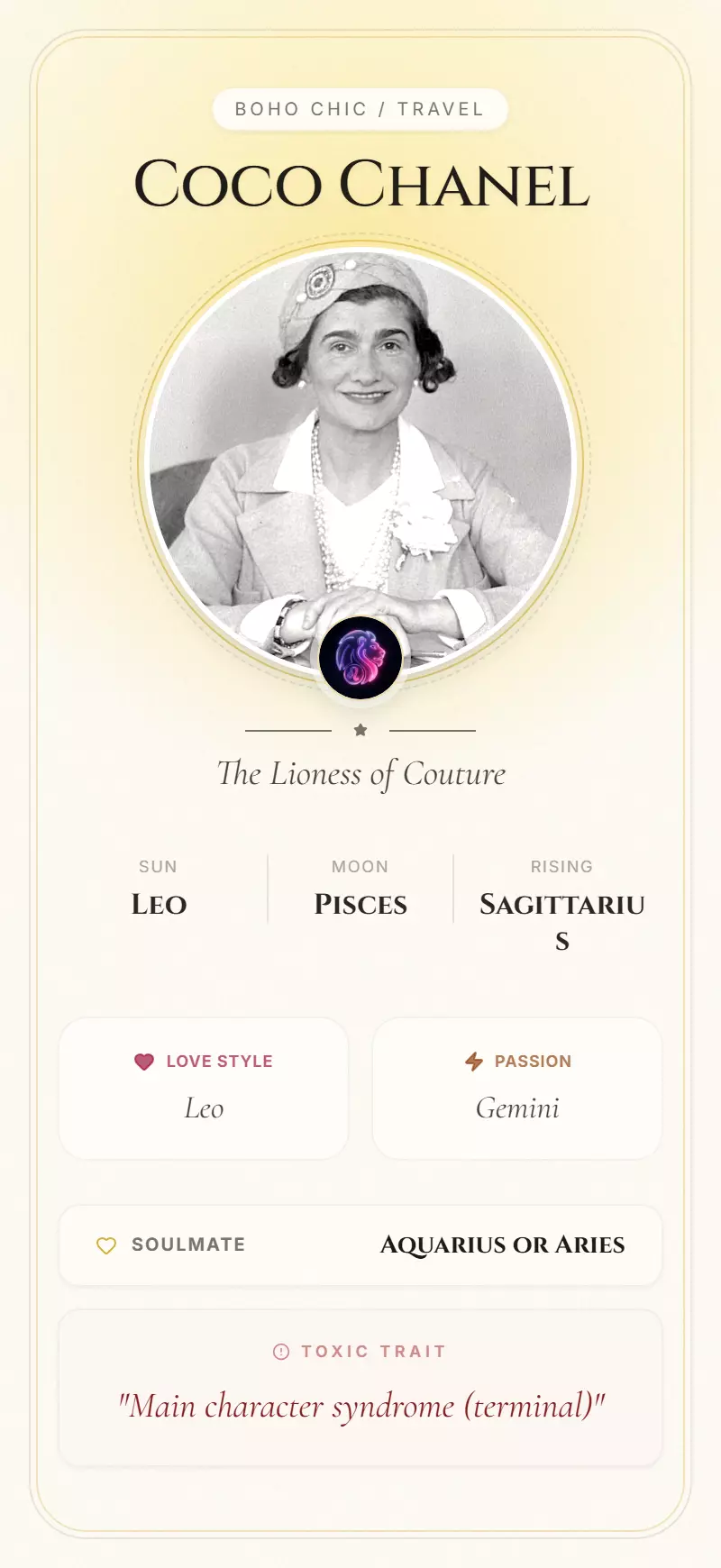 Coco Chanel Astrology Star Card