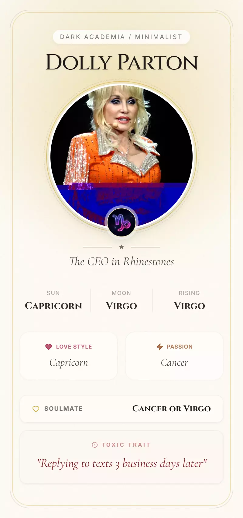 Dolly Parton Astrology Star Card