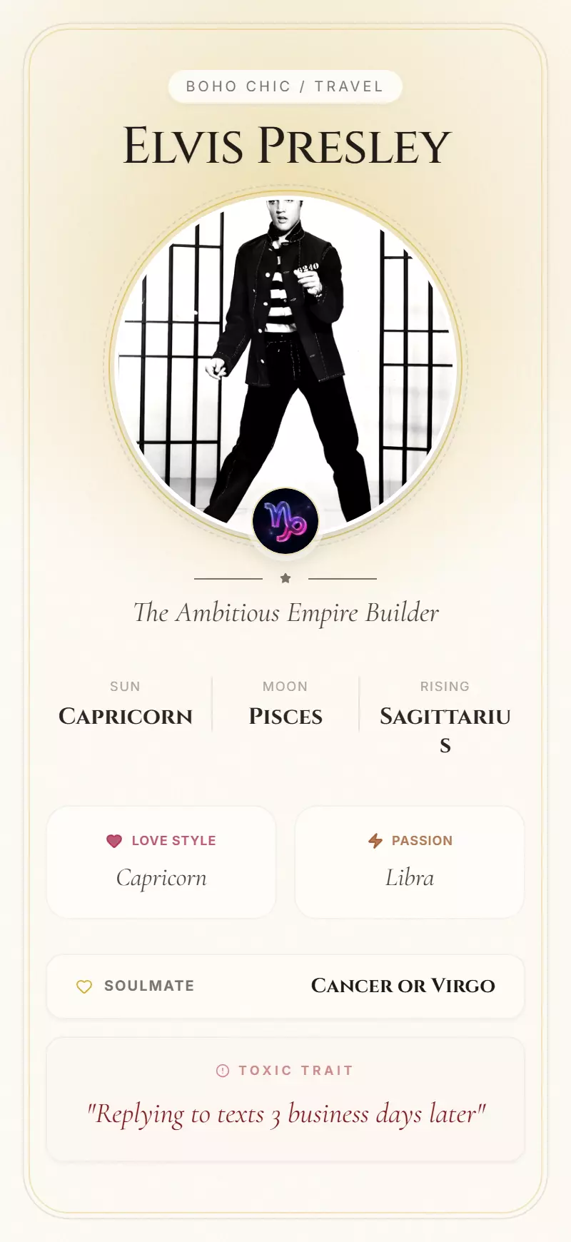 Elvis Presley Astrology Star Card