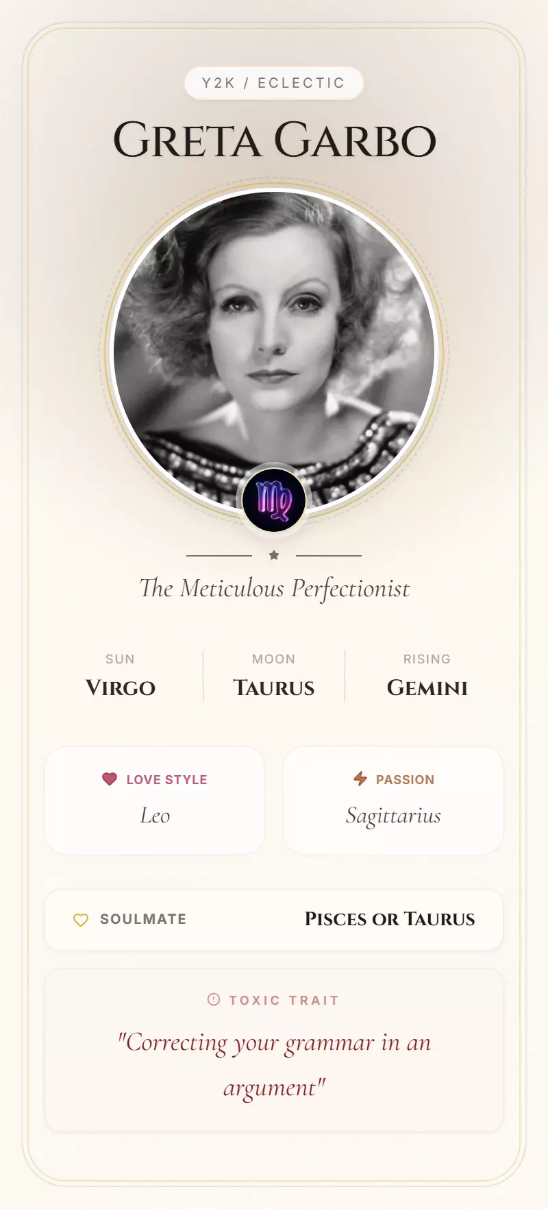 Greta Garbo Astrology Star Card