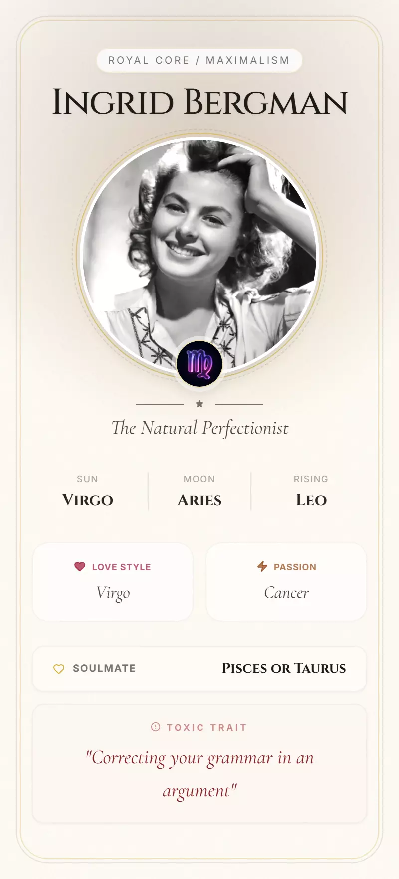Ingrid Bergman Astrology Star Card