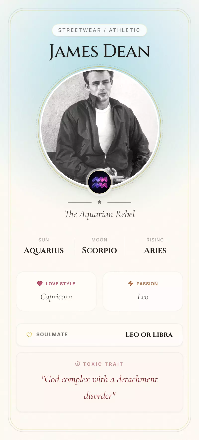 James Dean Astrology Star Card