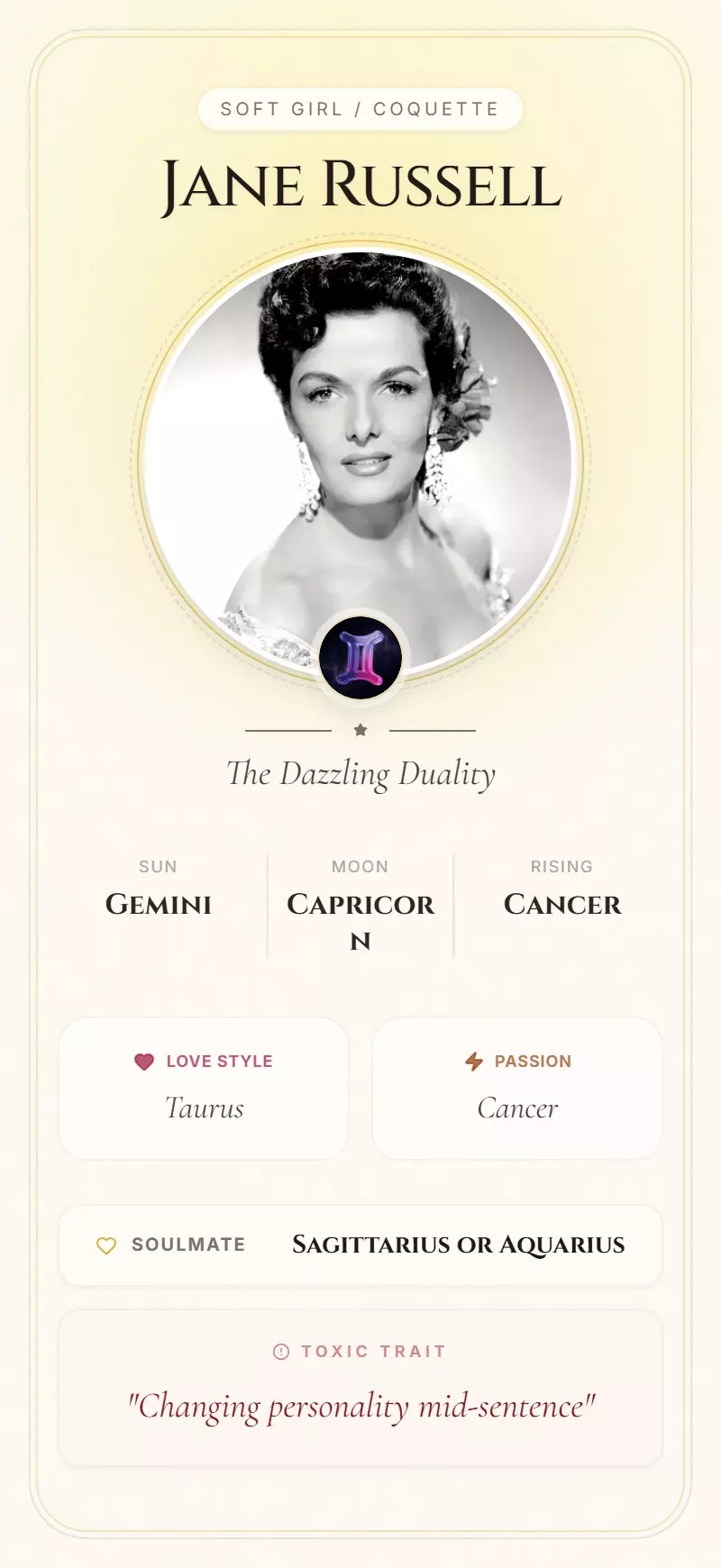 Jane Russell Astrology Star Card
