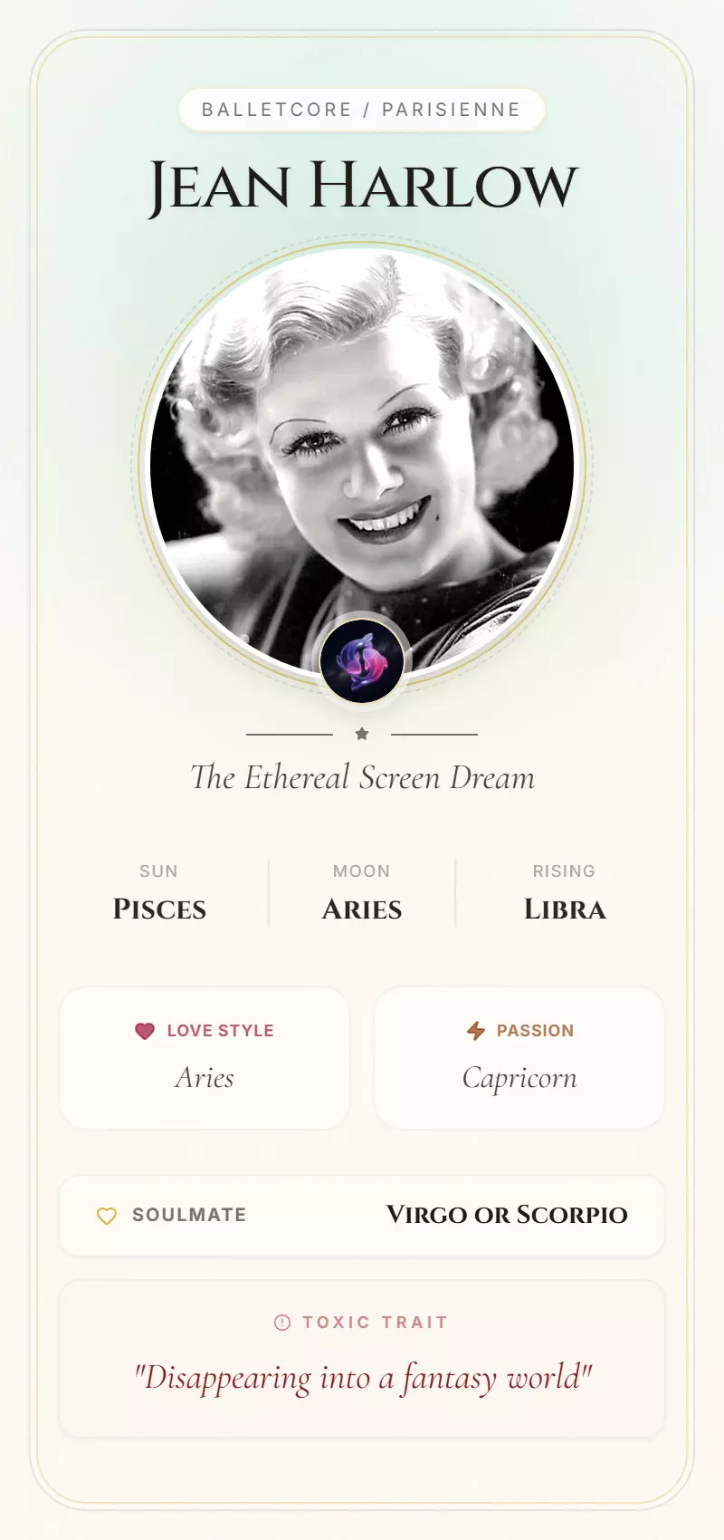 Jean Harlow Astrology Star Card