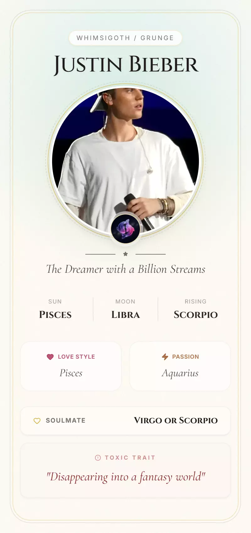 Justin Bieber Astrology Star Card