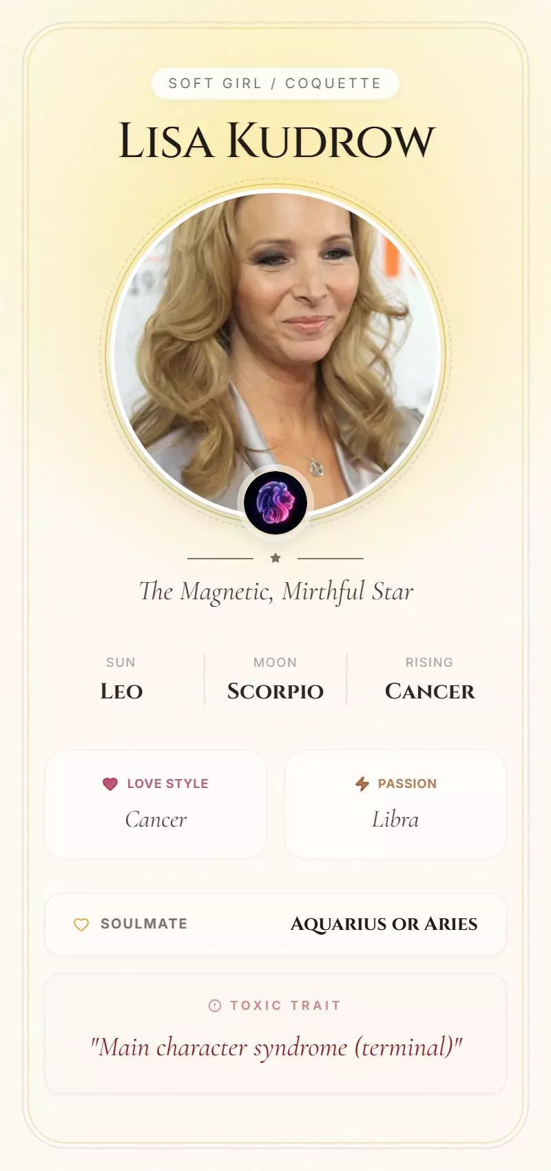 Lisa Kudrow Astrology Star Card