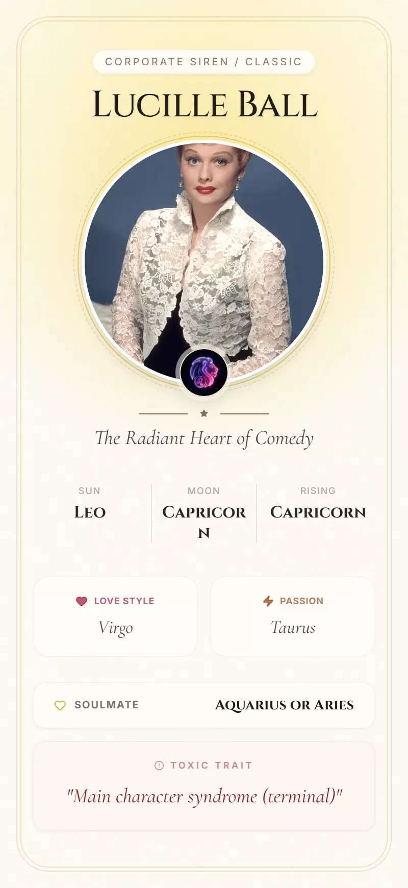 Lucille Ball Astrology Star Card