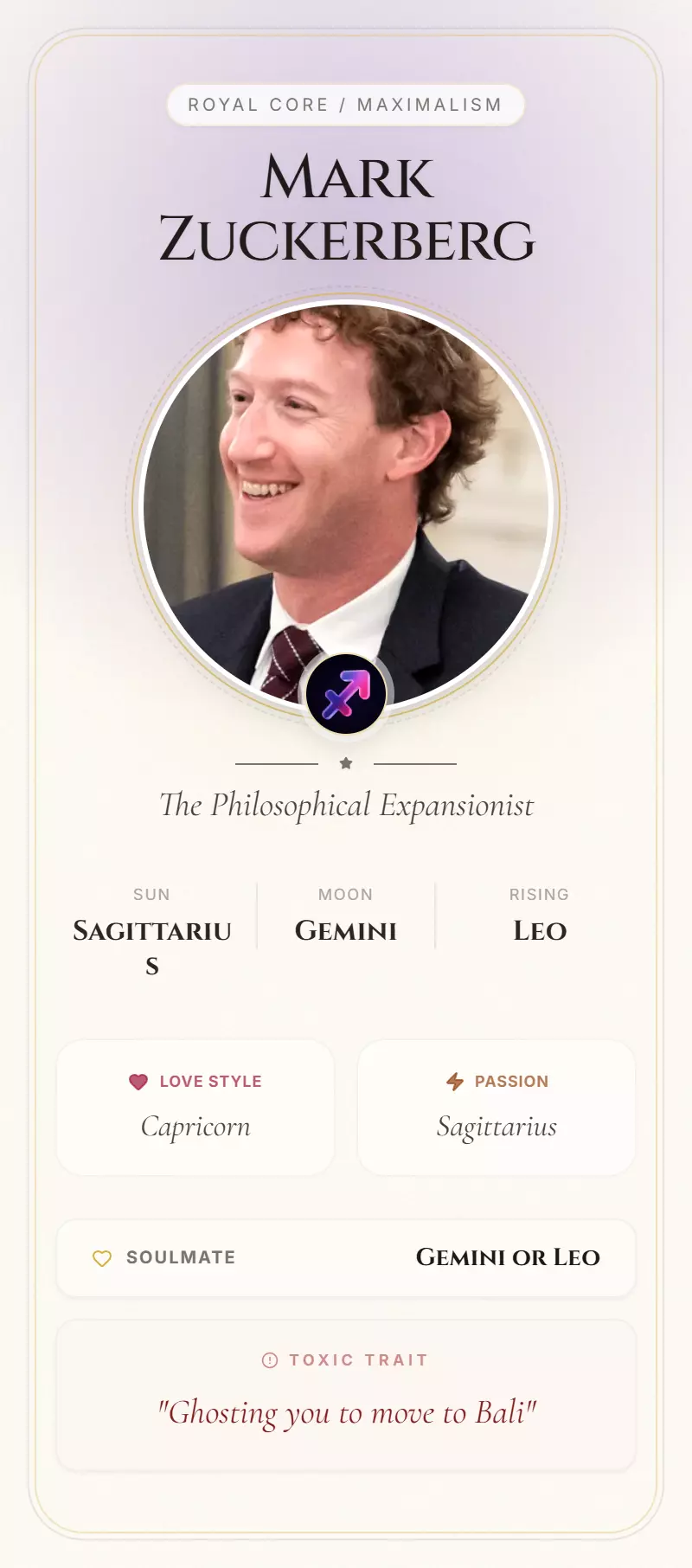 Mark Zuckerberg Astrology Star Card