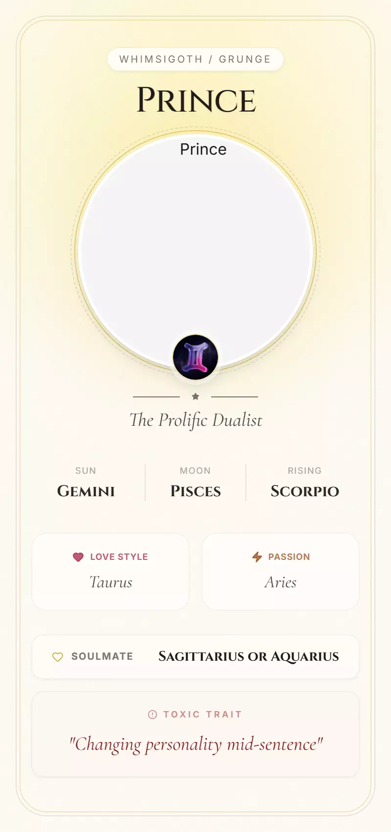 Prince Astrology Star Card