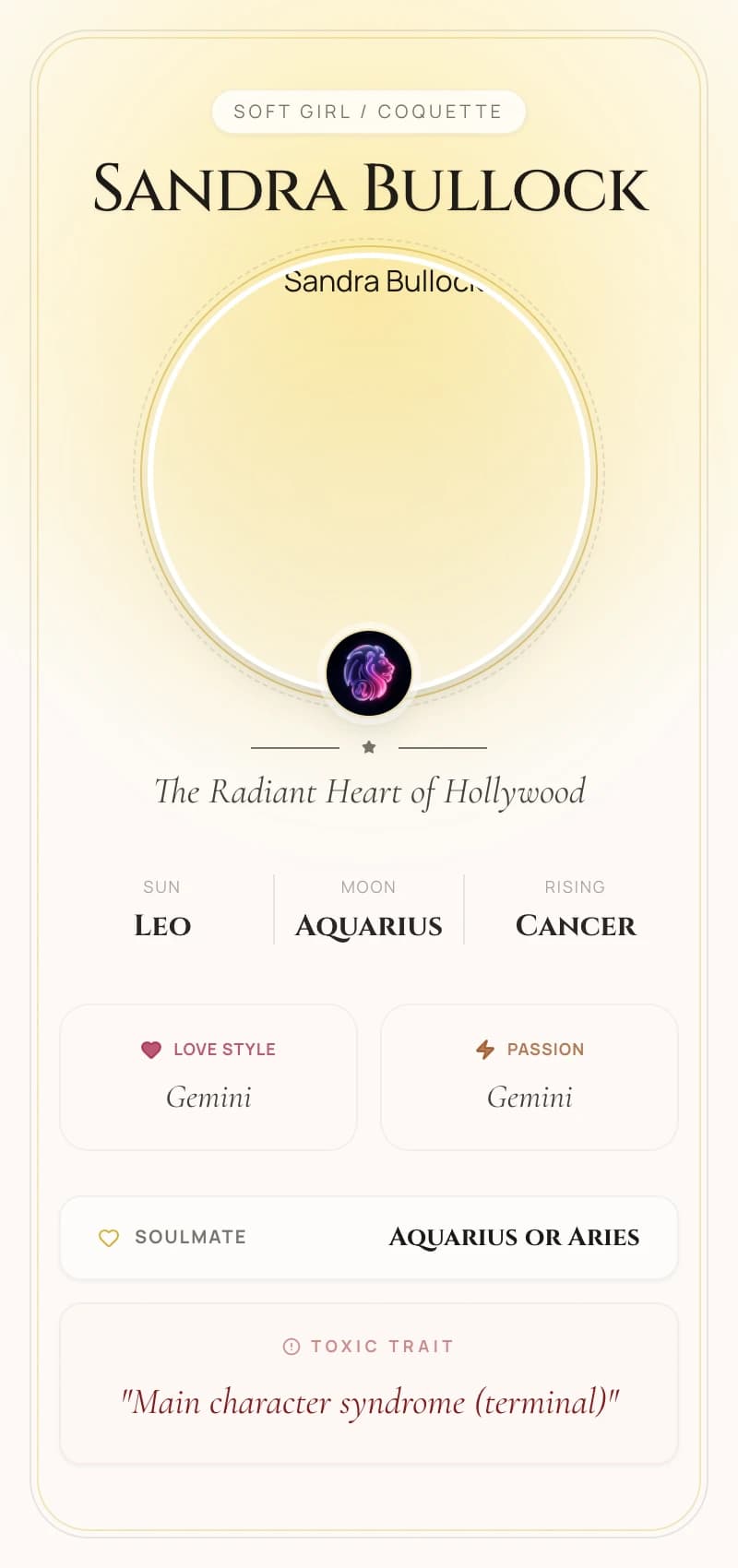 Sandra Bullock Astrology Star Card