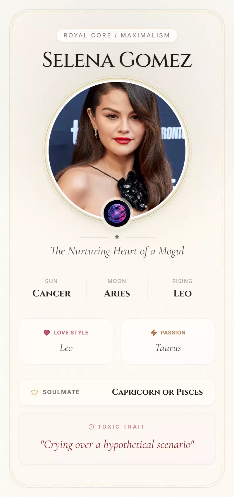 Selena Gomez Astrology Star Card